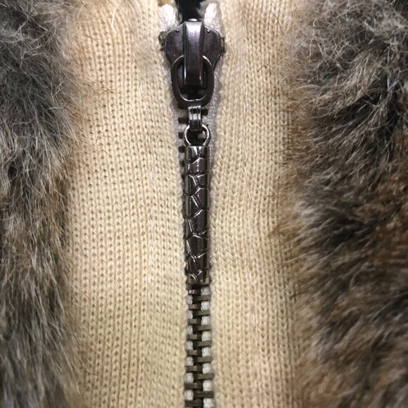 Vintage 90s Y2K Faux Fur vest warm wool brown beige cable knit with hood Sz S - Picture 9 of 12